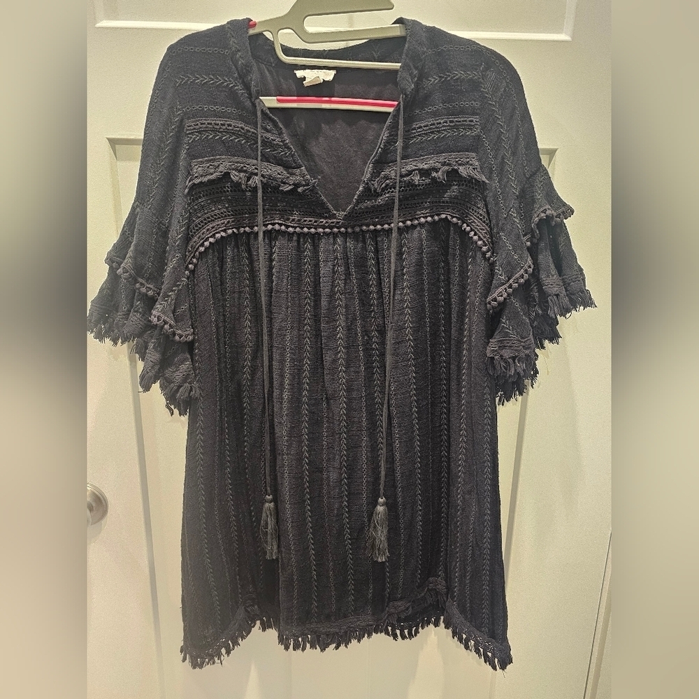 Allison New York XS Black Embroidered Boho Tassel Fringe Mini Dress Tunic